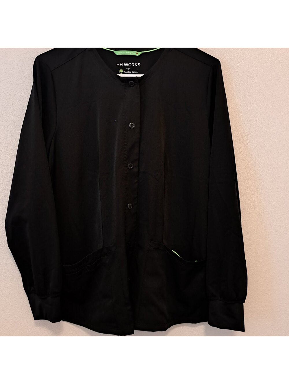 HH WORKS Healing Hands Black Long Sleeve Medical Scrub Jacket Medium button up